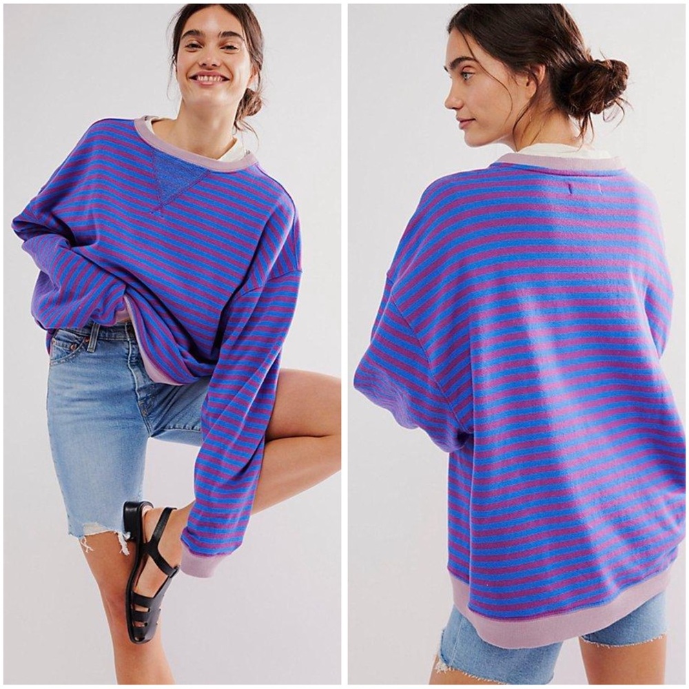 NEW Free People Classic Striped Oversized Crewneck PLUM